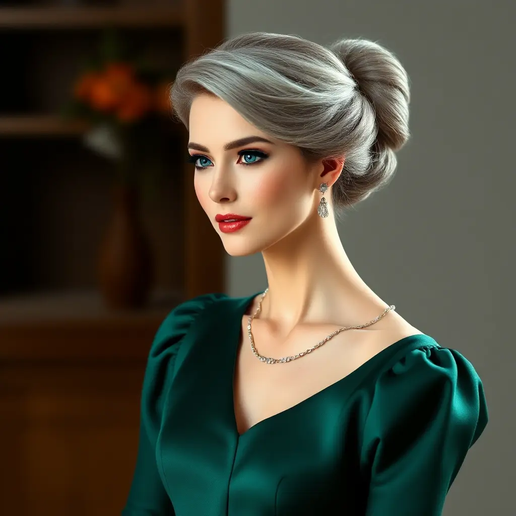 A lady in her late 30s with soft gray hair pulled back into a classic chignon, wearing an elegant emerald green dress that softly hugs her figure, Highly Detailed, Half Body, Gorgeous, Stunning, Elegant by Stanley Artgerm Lau