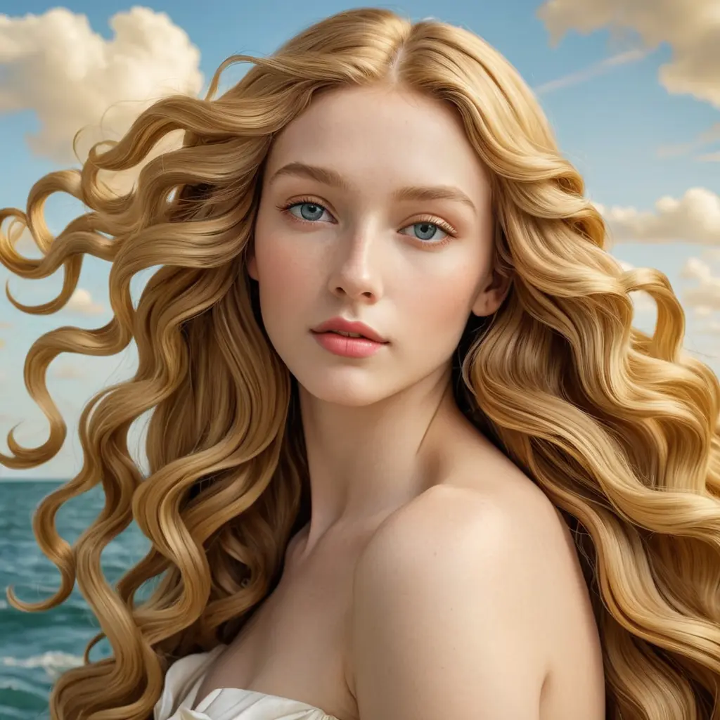 A beautiful woman inspired by the style of Botticelli's 'The Birth of Venus', with golden skin and flowing blonde hair, Highly Detailed, Half Body, Gorgeous, Stunning, Elegant