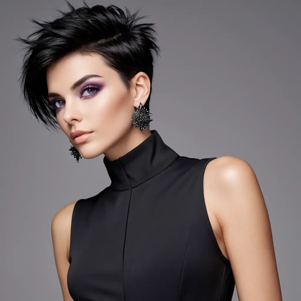 A chic woman with short, spiky black hair and piercing purple eyes, wearing a sleek black jumpsuit and statement earrings, Highly Detailed, Half Body, Gorgeous, Stunning, Elegant