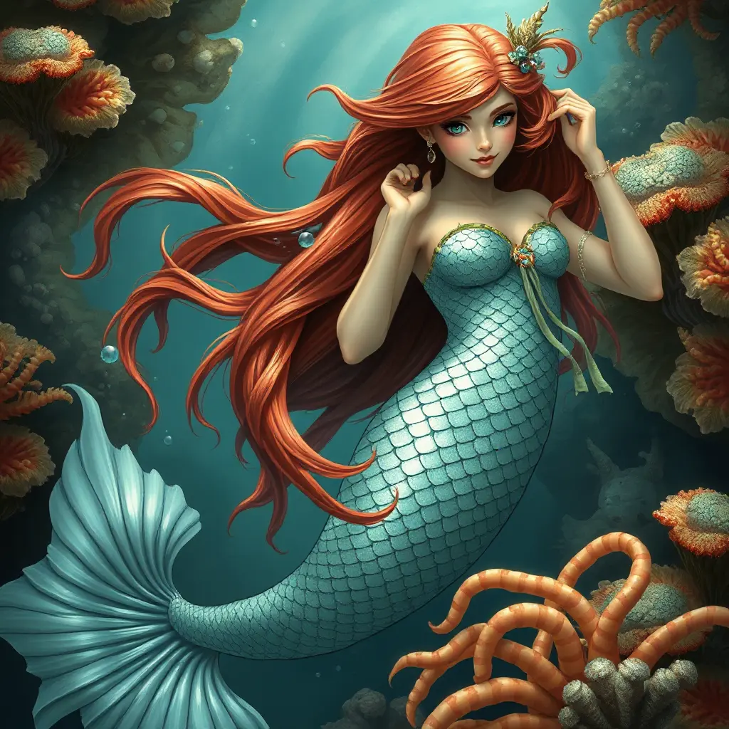 a whimsical mermaid with shimmering scales and a flowing auburn mane, swimming amidst coral reefs, Highly Detailed, Half Body, Gorgeous, Stunning, Elegant by Stanley Artgerm Lau