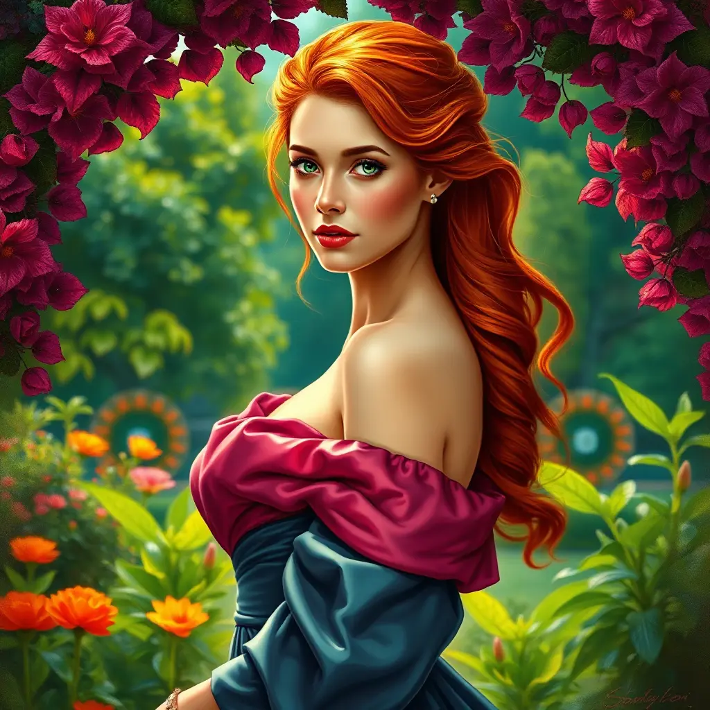 A vibrant Renaissance-style portrait of a woman with fiery red hair and emerald green eyes, wearing an elegant silk gown, set against a lush garden backdrop., Highly Detailed, Half Body, Gorgeous, Stunning, Elegant by Stanley Artgerm Lau