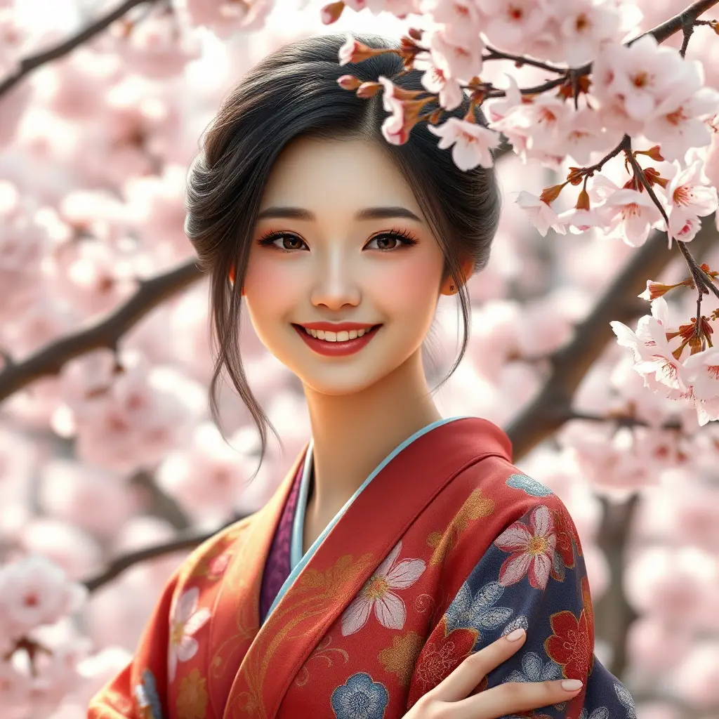 A beautiful woman with a radiant smile, surrounded by blooming cherry blossom trees, wearing a colorful kimono, capturing the essence of spring and renewal in her expression., Highly Detailed, Half Body, Gorgeous, Stunning, Elegant by Stanley Artgerm Lau