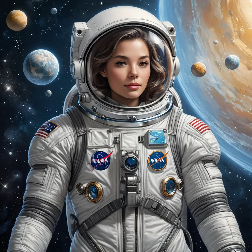 A confident astronaut floating among stars, wearing a spacesuit designed like a ball gown, Highly Detailed, Half Body, Gorgeous, Stunning, Elegant by Stanley Artgerm Lau