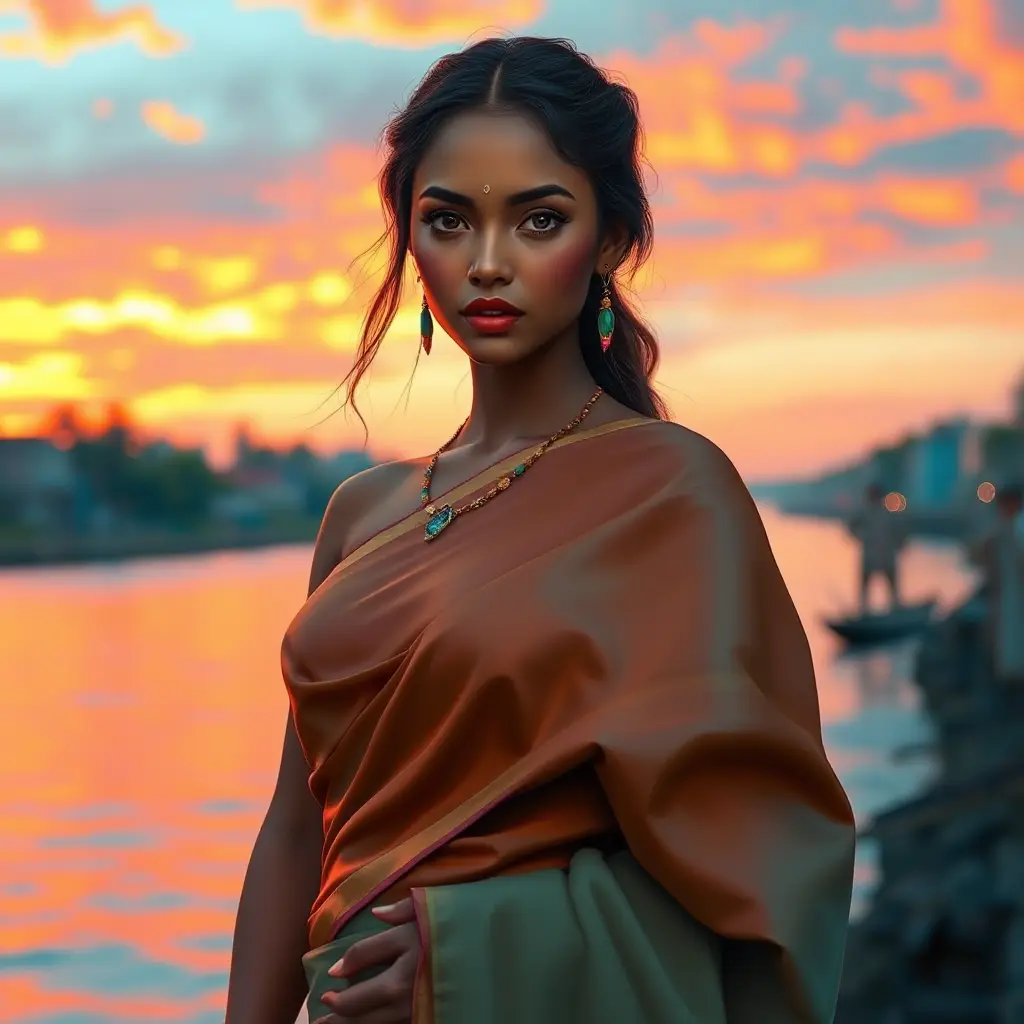 A gorgeous woman with glowing olive skin, wearing a traditional silk sari, standing by a river at sunset, the sky ablaze with colors, the water reflecting the vibrant hues, serene expression, richly detailed, Highly Detailed, Half Body, Gorgeous, Stunning, Elegant by Stanley Artgerm Lau