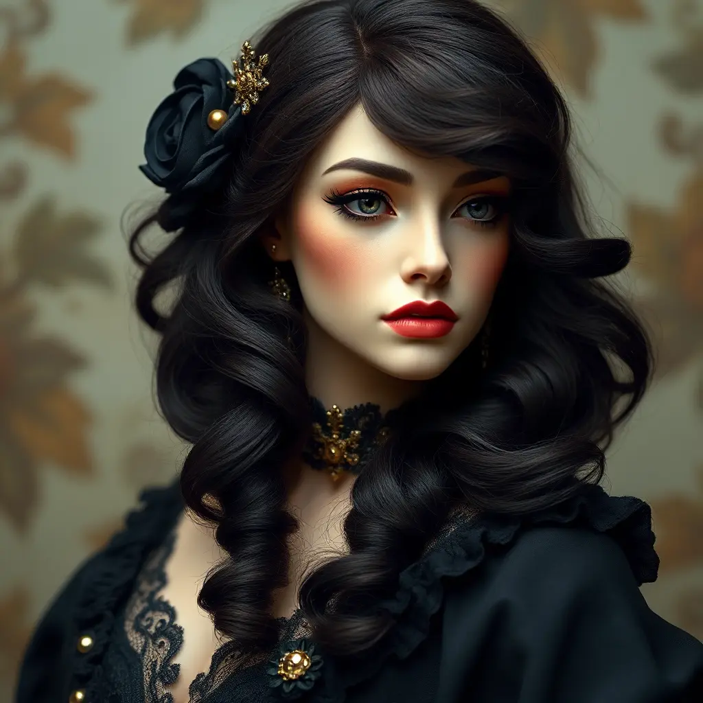 Victorian era sweetheart with raven tresses, Highly Detailed, Half Body, Gorgeous, Stunning, Elegant