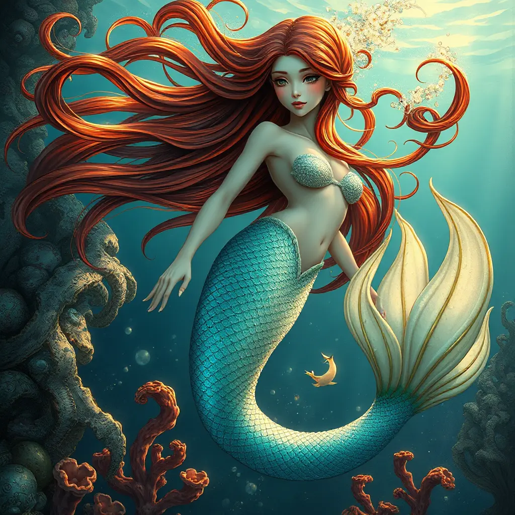 a whimsical mermaid with shimmering scales and a flowing auburn mane, swimming amidst coral reefs, Highly Detailed, Half Body, Gorgeous, Stunning, Elegant by Stanley Artgerm Lau