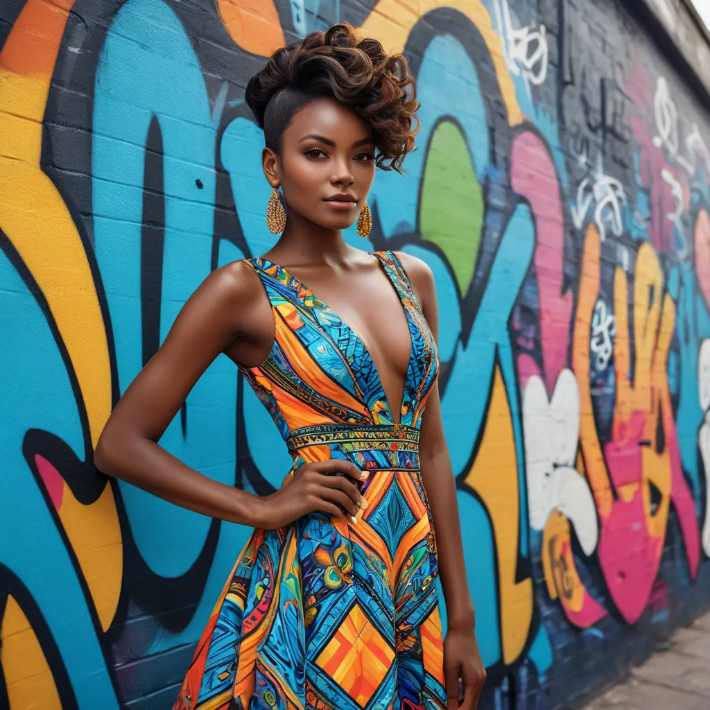 A radiant woman with dark skin and bright, colorful makeup, wearing a vibrant patterned dress, standing in front of a graffiti-covered wall, vivid colors, artistic and contemporary vibe, Highly Detailed, Half Body, Gorgeous, Stunning, Elegant by Stanley Artgerm Lau