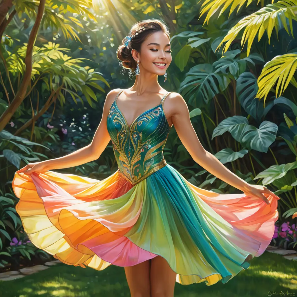 A graceful dancer mid-pose in a lush garden, her colorful attire swirling around her, sunlight filtering through the leaves, a soft smile on her face as she embodies joy and freedom., Highly Detailed, Half Body, Gorgeous, Stunning, Elegant by Stanley Artgerm Lau