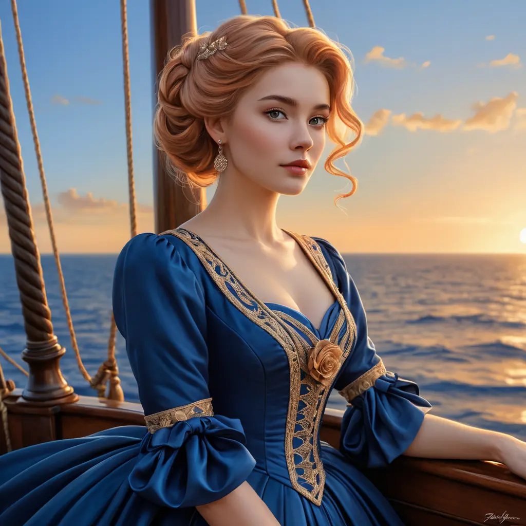 An exquisite illustration of a woman with porcelain skin and rose-gold hair, posing gracefully on the bow of a historic sailing ship, wearing a period-accurate gown in rich sapphire blue, as she looks out towards the horizon at sunset., Highly Detailed, Half Body, Gorgeous, Stunning, Elegant by Stanley Artgerm Lau