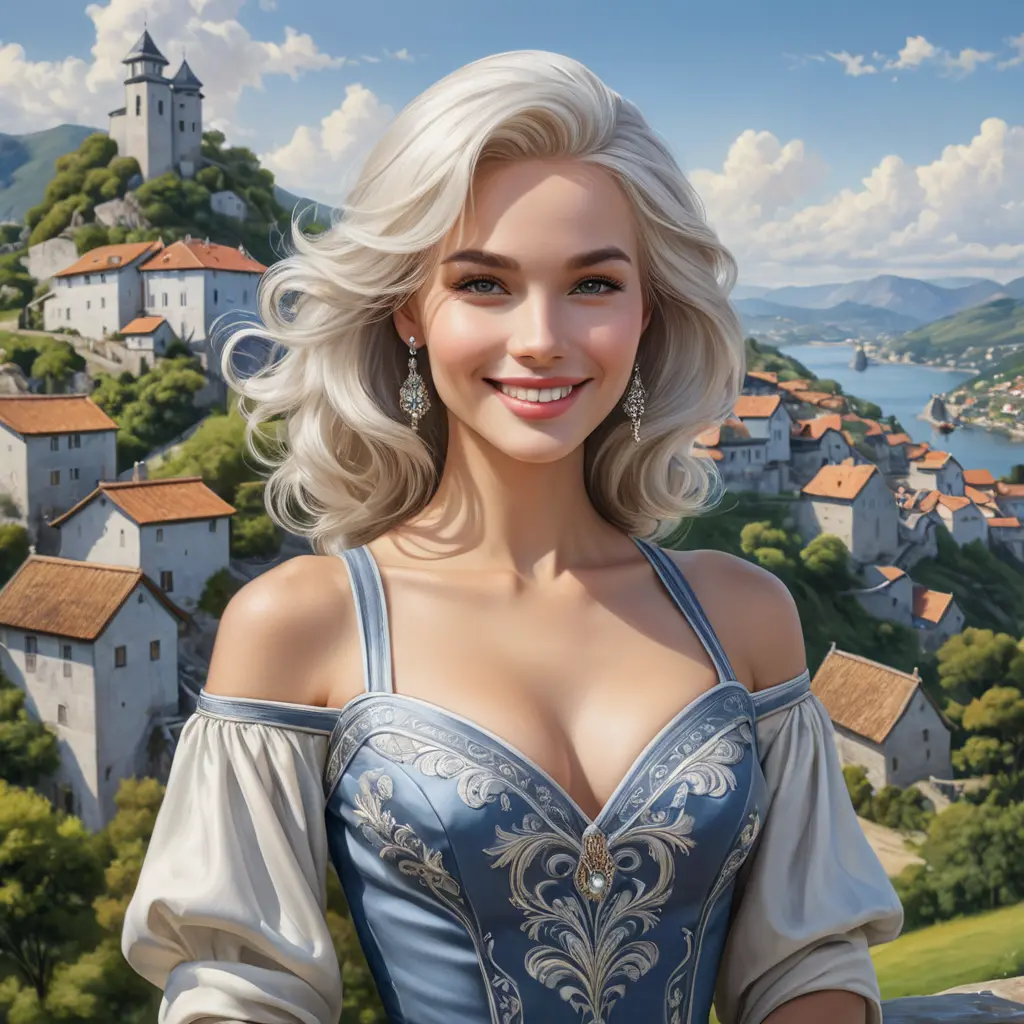 A majestic lady with an enigmatic smile and platinum hair, standing atop a hill overlooking a picturesque village, Highly Detailed, Half Body, Gorgeous, Stunning, Elegant by Stanley Artgerm Lau