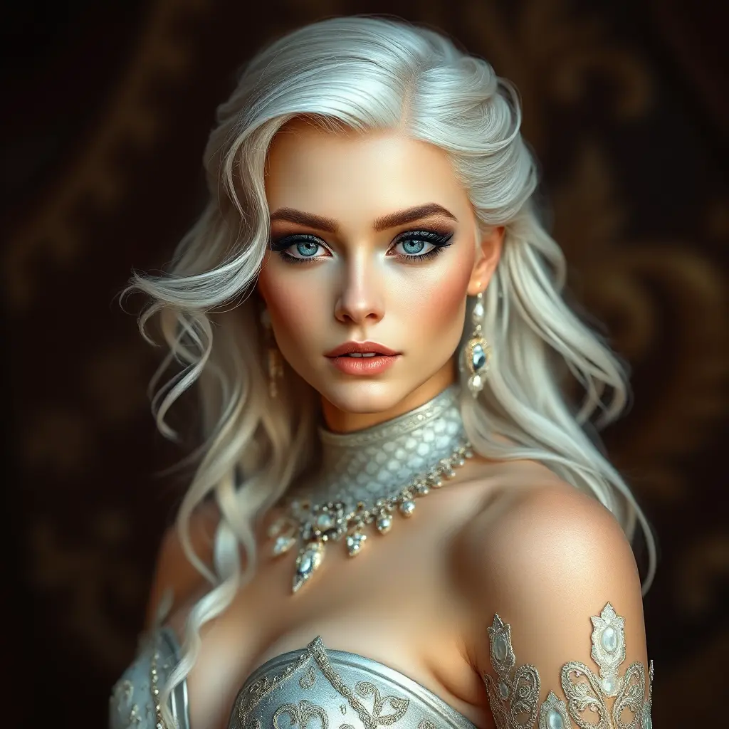 A mesmerizingly beautiful woman with platinum blonde hair, icy blue eyes, and a regal bearing, exuding power and sophistication, Highly Detailed, Half Body, Gorgeous, Stunning, Elegant by Stanley Artgerm Lau