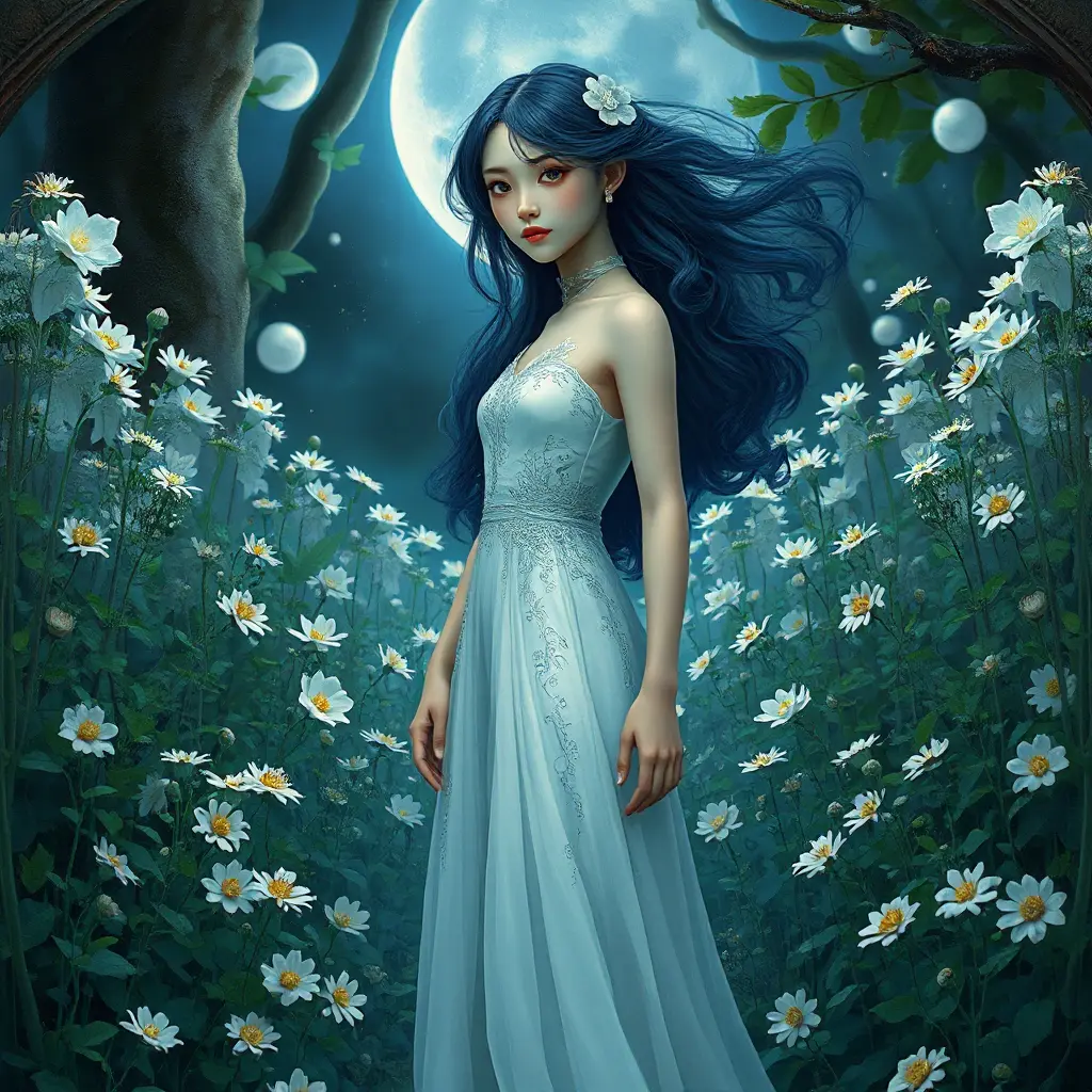 Ethereal beauty with skin as porcelain and hair as night sky, standing amidst an ancient, overgrown garden filled with moonflowers., Highly Detailed, Half Body, Gorgeous, Stunning, Elegant by Stanley Artgerm Lau