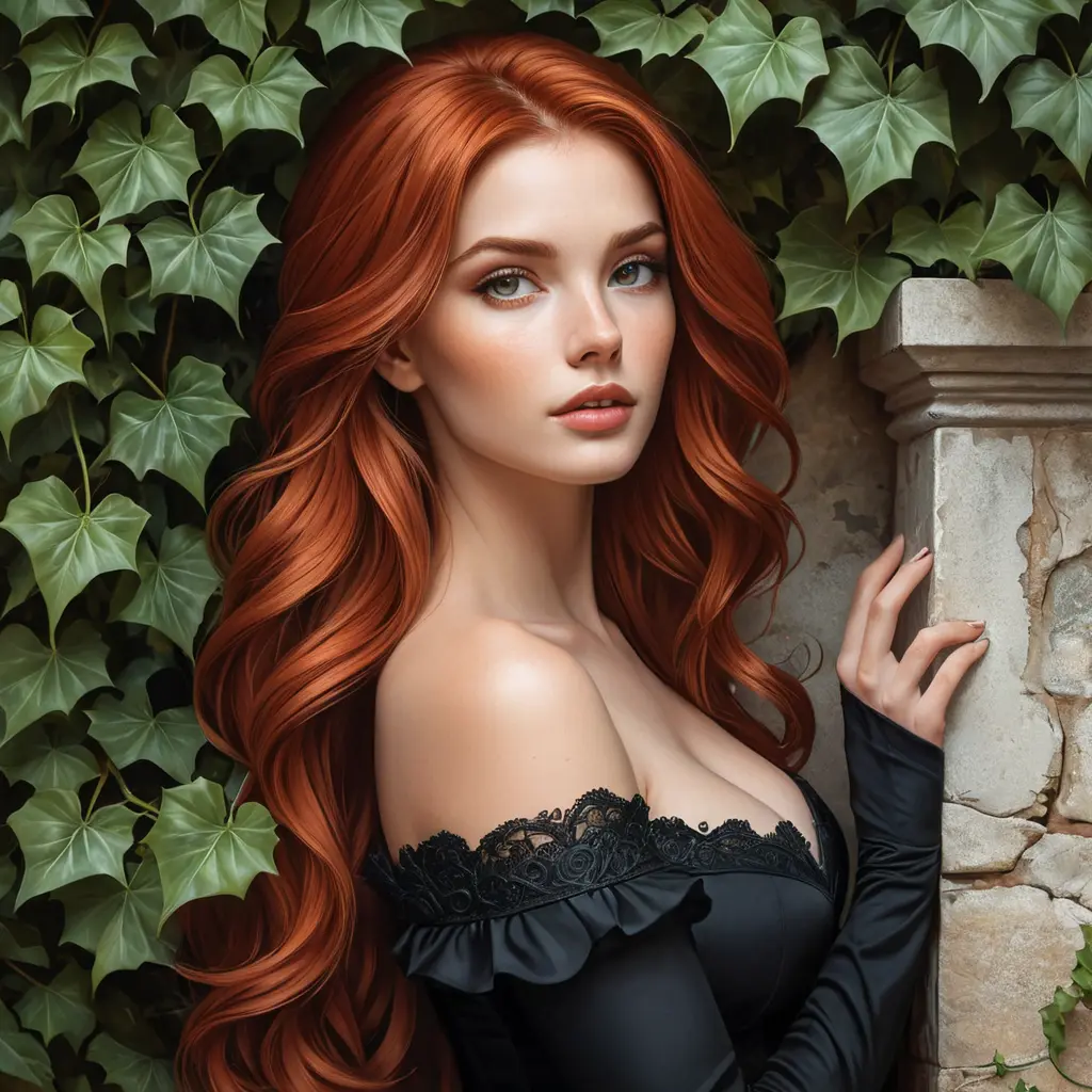 A bewitching beauty with sharp features and fiery red hair, leaning against an ancient, ivy-covered wall, Highly Detailed, Half Body, Gorgeous, Stunning, Elegant by Stanley Artgerm Lau