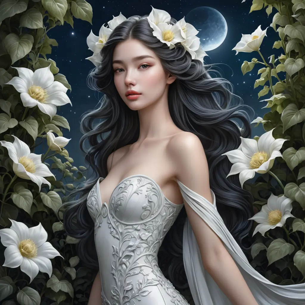 Ethereal beauty with skin as porcelain and hair as night sky, standing amidst an ancient, overgrown garden filled with moonflowers., Highly Detailed, Half Body, Gorgeous, Stunning, Elegant by Stanley Artgerm Lau