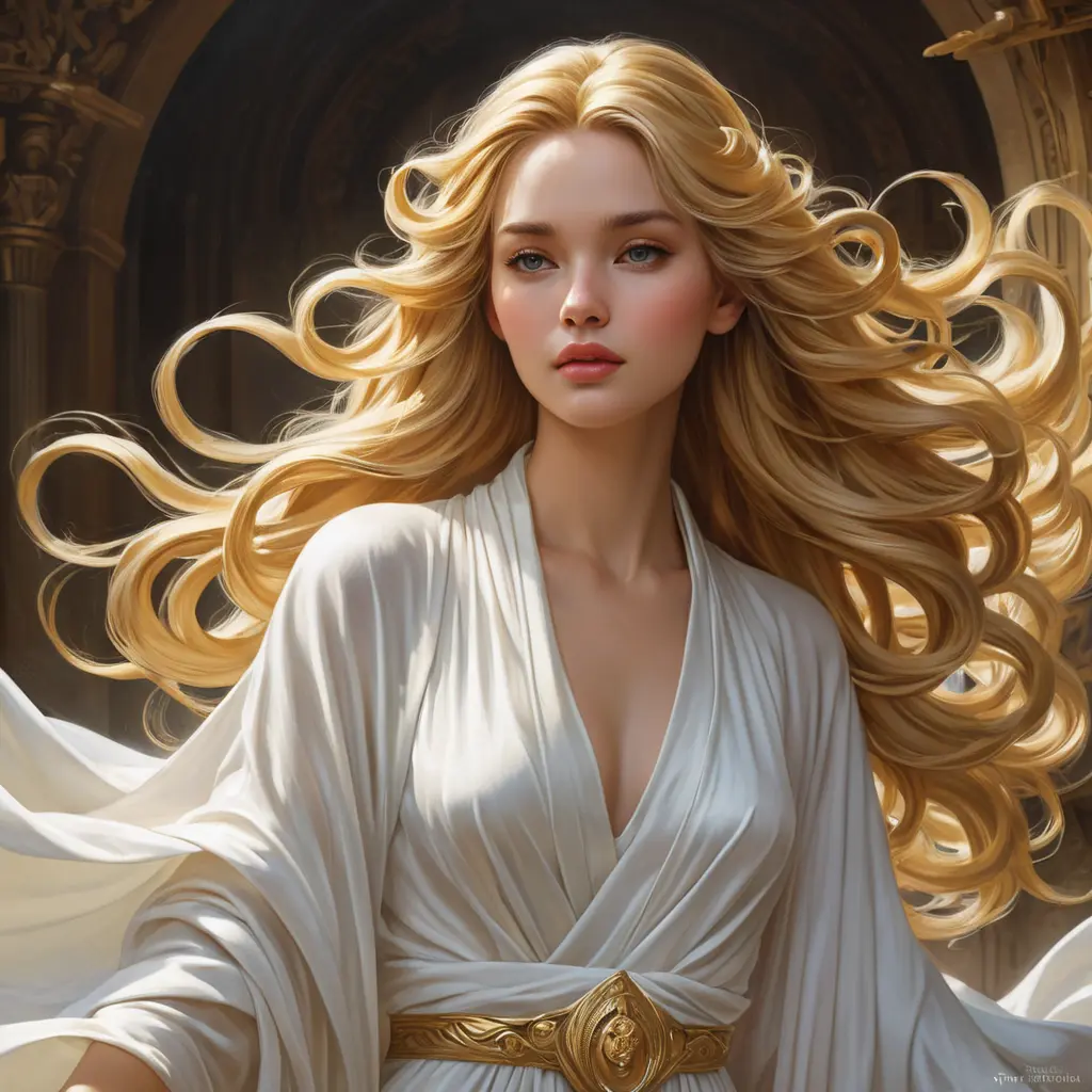 a timeless goddess with cascading golden hair and a serene expression, draped in flowing white robes, Highly Detailed, Half Body, Gorgeous, Stunning, Elegant by Stanley Artgerm Lau