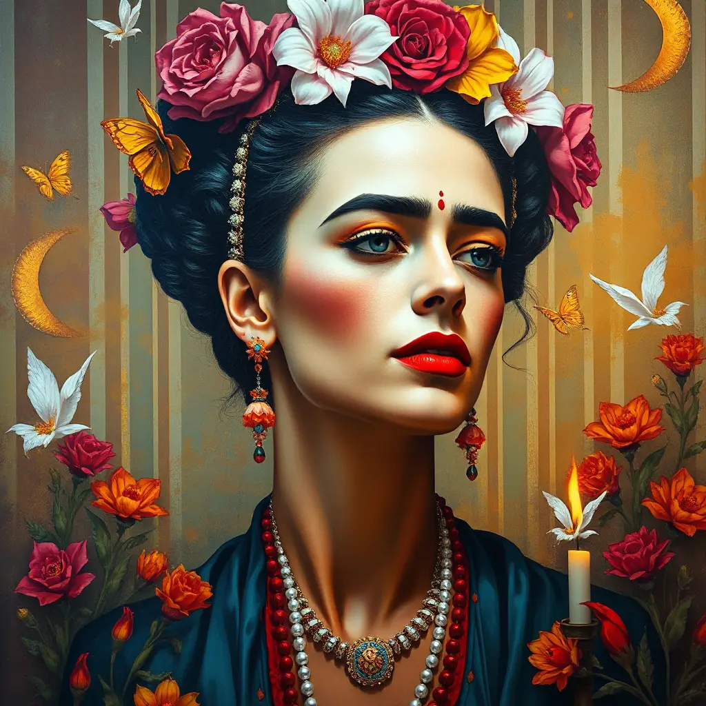 A captivating Frida Kahlo painting come to life, filled with vibrant colors and symbols, Highly Detailed, Half Body, Gorgeous, Stunning, Elegant by Stanley Artgerm Lau