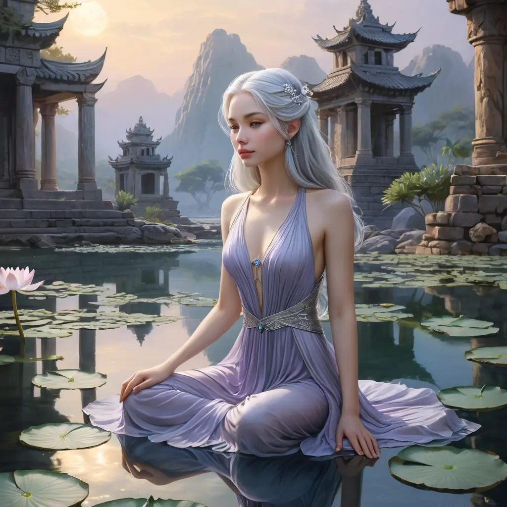 A serene depiction of a woman with pale lavender skin and flowing silver hair, sitting lotus-positioned atop a tranquil lotus flower in an otherworldly, bioluminescent pond, surrounded by ancient stone ruins., Highly Detailed, Half Body, Gorgeous, Stunning, Elegant by Stanley Artgerm Lau