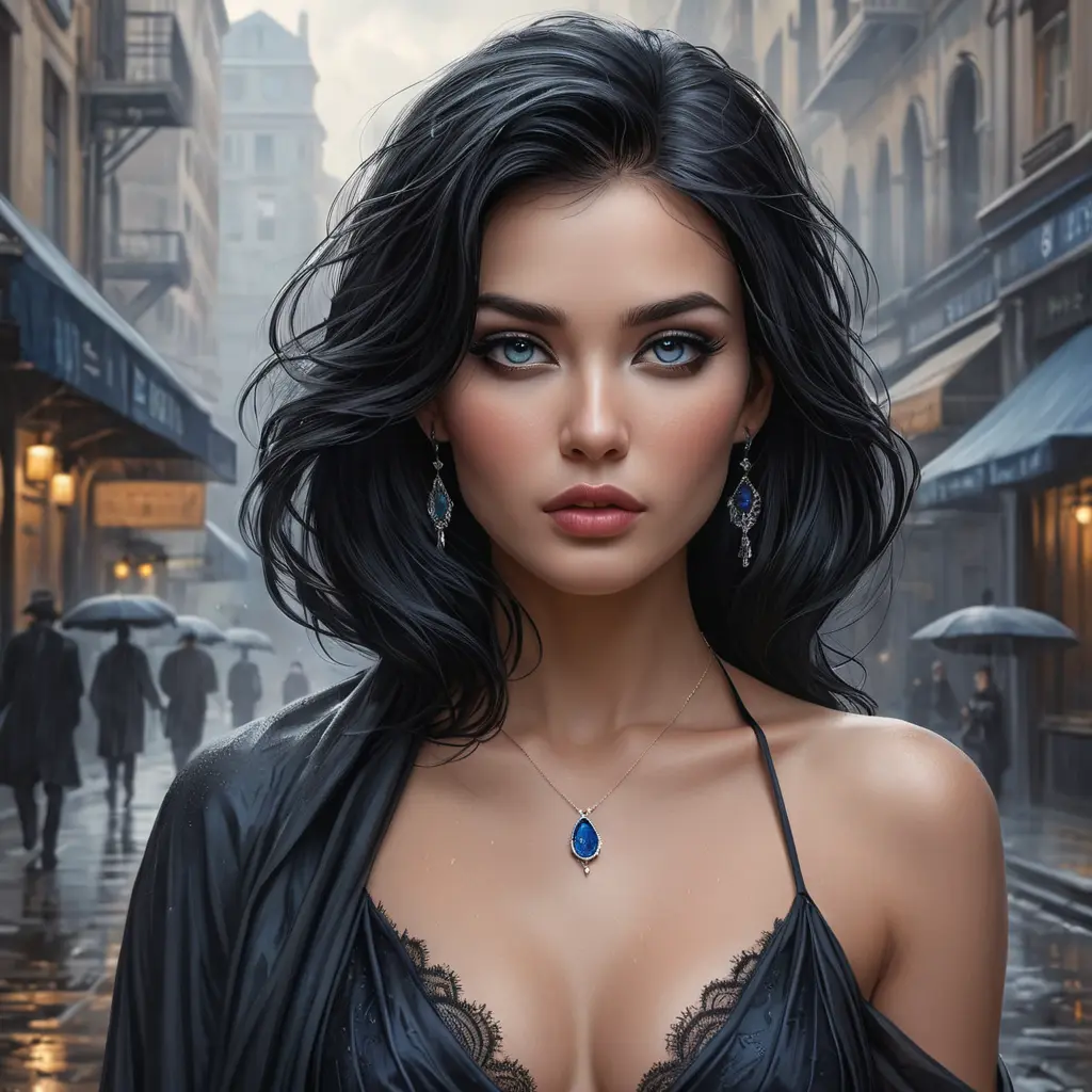 A mysterious and alluring femme fatale with piercing sapphire eyes and raven-black hair, shrouded in smoke and shadows on a rain-soaked city street, Highly Detailed, Half Body, Gorgeous, Stunning, Elegant by Stanley Artgerm Lau