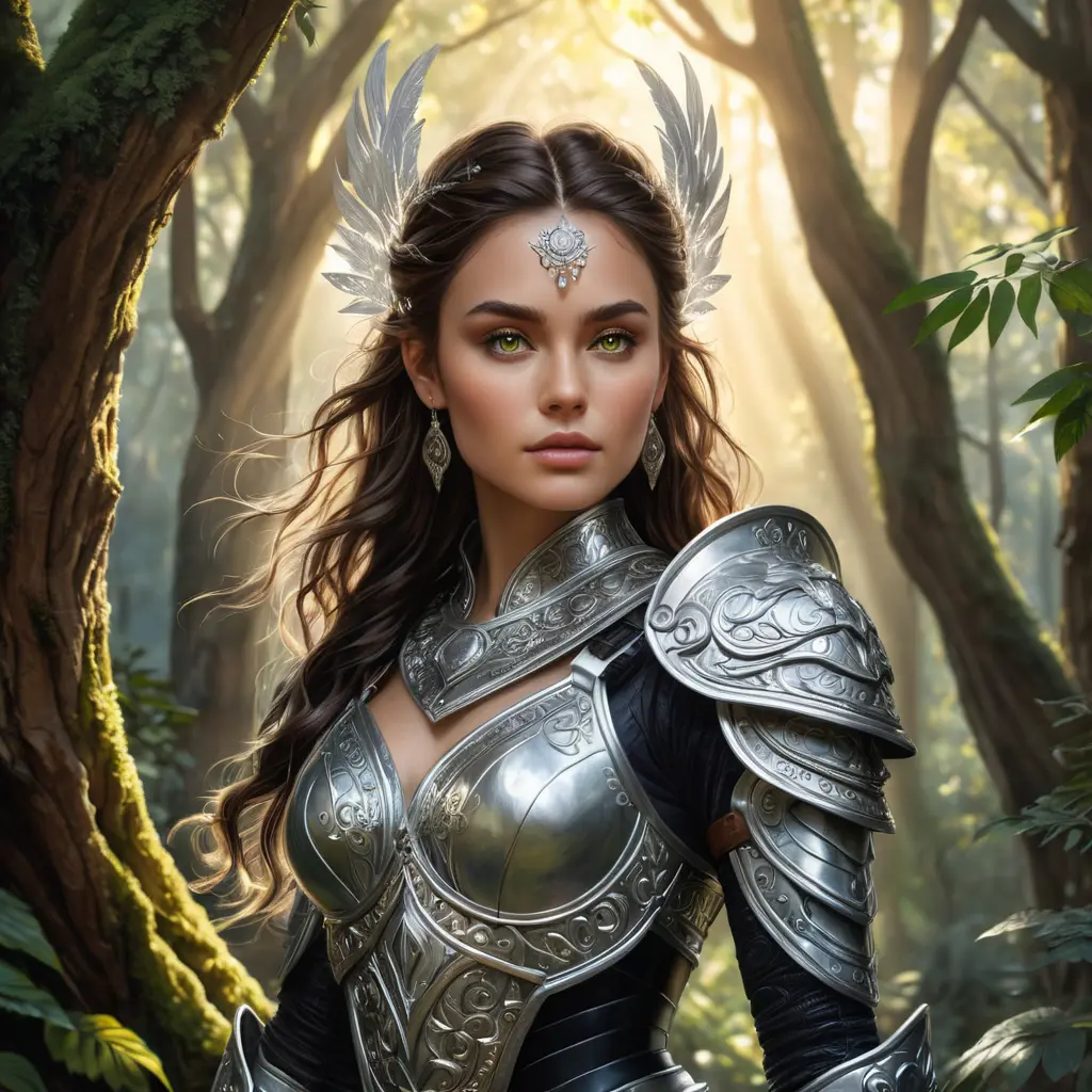 A majestic warrior woman in ornate armor, standing in a mystical forest, her piercing eyes reflecting confidence and strength, surrounded by ethereal glowing lights and ancient trees., Highly Detailed, Half Body, Gorgeous, Stunning, Elegant by Stanley Artgerm Lau