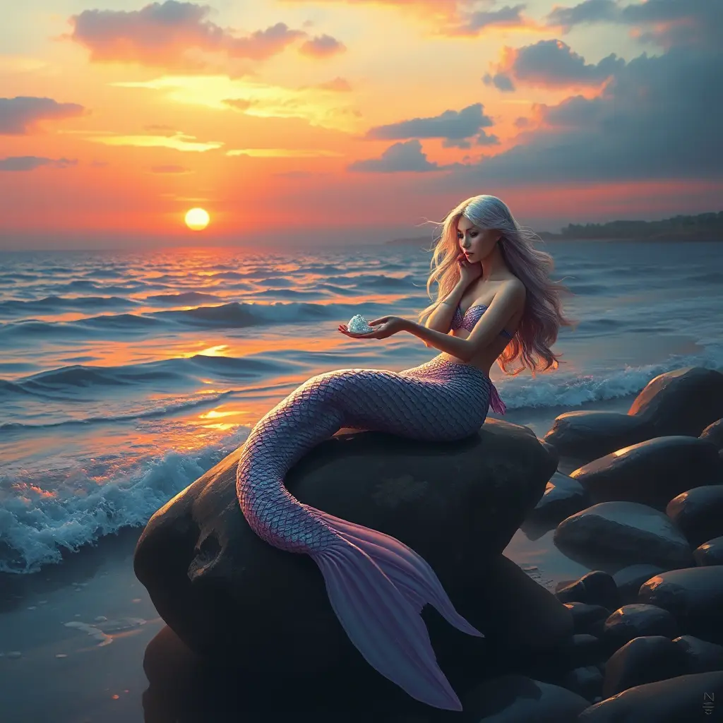 A mystical mermaid sitting on a rock by the shore at sunset, Highly Detailed, Half Body, Gorgeous, Stunning, Elegant by Stanley Artgerm Lau