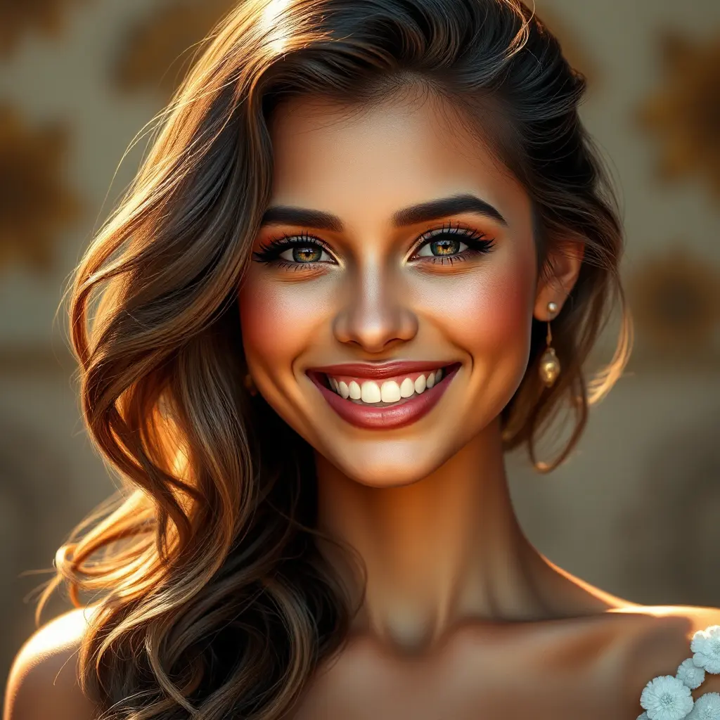 A captivatingly beautiful woman with warm brown eyes, sun-kissed skin, and a mischievous grin, radiating joy and vitality, Highly Detailed, Half Body, Gorgeous, Stunning, Elegant by Stanley Artgerm Lau