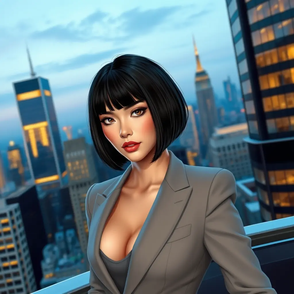 A confident woman with a sleek bob haircut, sharp features, and a tailored power suit, commanding attention in a modern metropolis skyline during the blue hour, Highly Detailed, Half Body, Gorgeous, Stunning, Elegant by Stanley Artgerm Lau