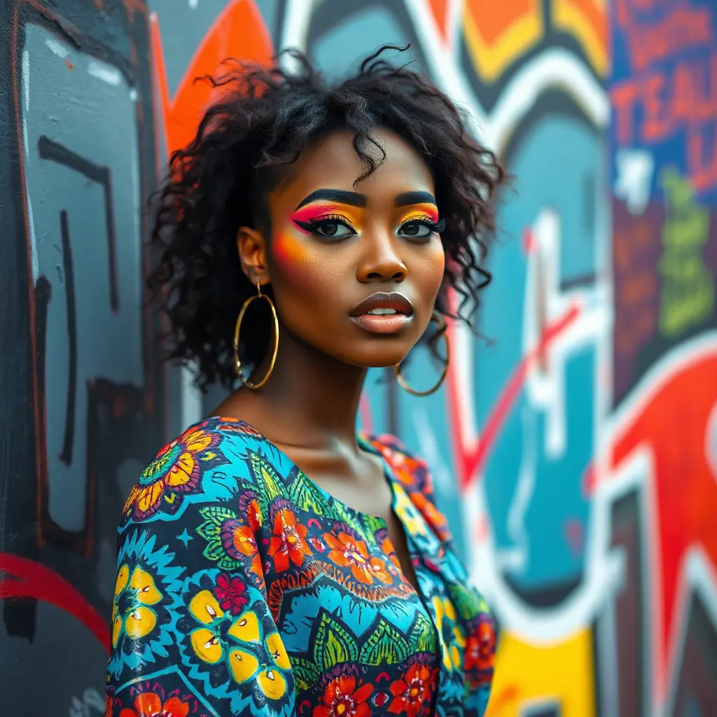 A radiant woman with dark skin and bright, colorful makeup, wearing a vibrant patterned dress, standing in front of a graffiti-covered wall, vivid colors, artistic and contemporary vibe, Highly Detailed, Half Body, Gorgeous, Stunning, Elegant by Stanley Artgerm Lau