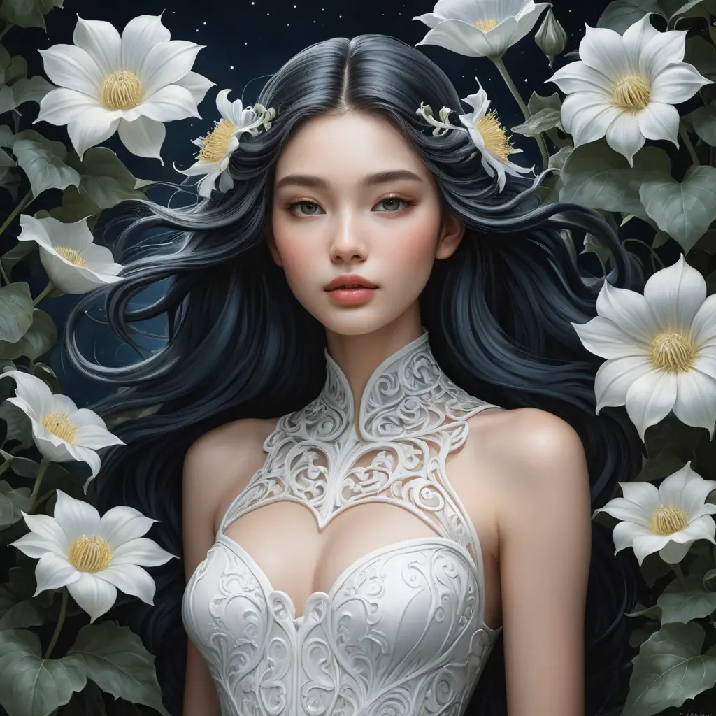 Ethereal beauty with skin as porcelain and hair as night sky, standing amidst an ancient, overgrown garden filled with moonflowers., Highly Detailed, Half Body, Gorgeous, Stunning, Elegant by Stanley Artgerm Lau