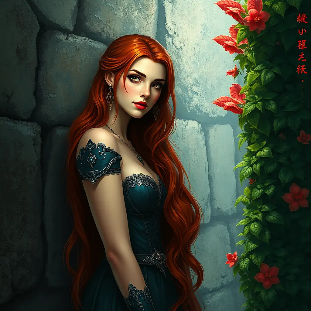 A bewitching beauty with sharp features and fiery red hair, leaning against an ancient, ivy-covered wall, Highly Detailed, Half Body, Gorgeous, Stunning, Elegant by Stanley Artgerm Lau