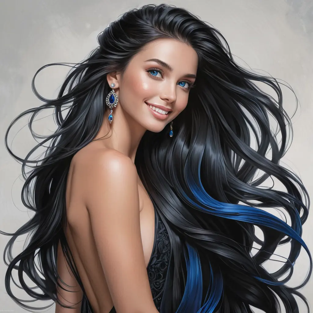 A stunningly gorgeous woman with long, raven hair cascading down her back, piercing blue eyes, and a captivating smile, radiating confidence and elegance, Highly Detailed, Half Body, Gorgeous, Stunning, Elegant by Stanley Artgerm Lau