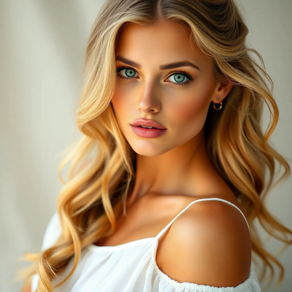 A beautiful woman with golden blonde hair and bright green eyes, wearing a flowy white sundress, Highly Detailed, Half Body, Gorgeous, Stunning, Elegant