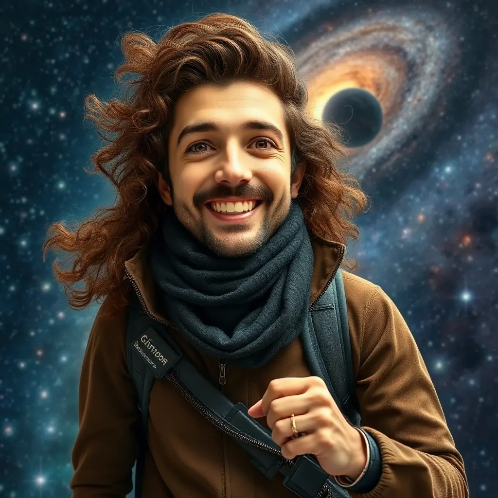 A brilliant and adventurous astrophysicist with an infectious enthusiasm and wild, curly brown hair, set against the breathtaking backdrop of a starry galaxy, Highly Detailed, Half Body, Gorgeous, Stunning, Elegant by Stanley Artgerm Lau