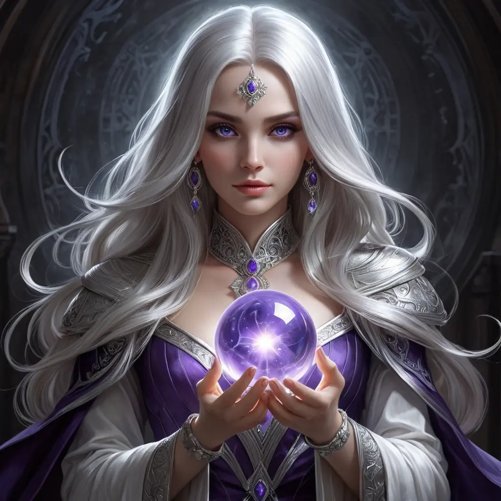 a mysterious sorceress with long silver hair and piercing violet eyes, holding a glowing orb in her hands, Highly Detailed, Half Body, Gorgeous, Stunning, Elegant by Stanley Artgerm Lau