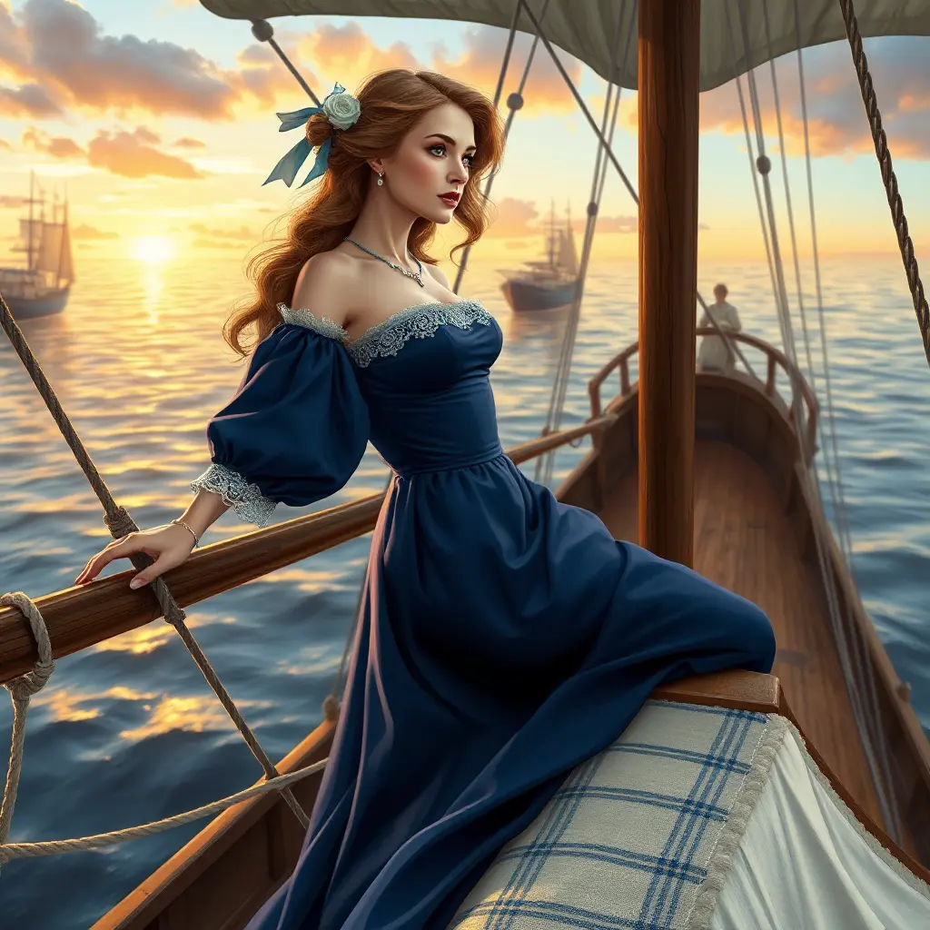 An exquisite illustration of a woman with porcelain skin and rose-gold hair, posing gracefully on the bow of a historic sailing ship, wearing a period-accurate gown in rich sapphire blue, as she looks out towards the horizon at sunset., Highly Detailed, Half Body, Gorgeous, Stunning, Elegant by Stanley Artgerm Lau