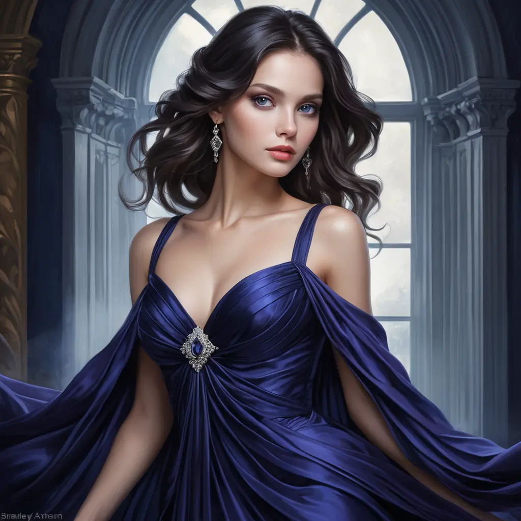 A captivating woman with a mysterious aura and deep violet eyes, draped in a flowing midnight blue gown, Highly Detailed, Half Body, Gorgeous, Stunning, Elegant by Stanley Artgerm Lau