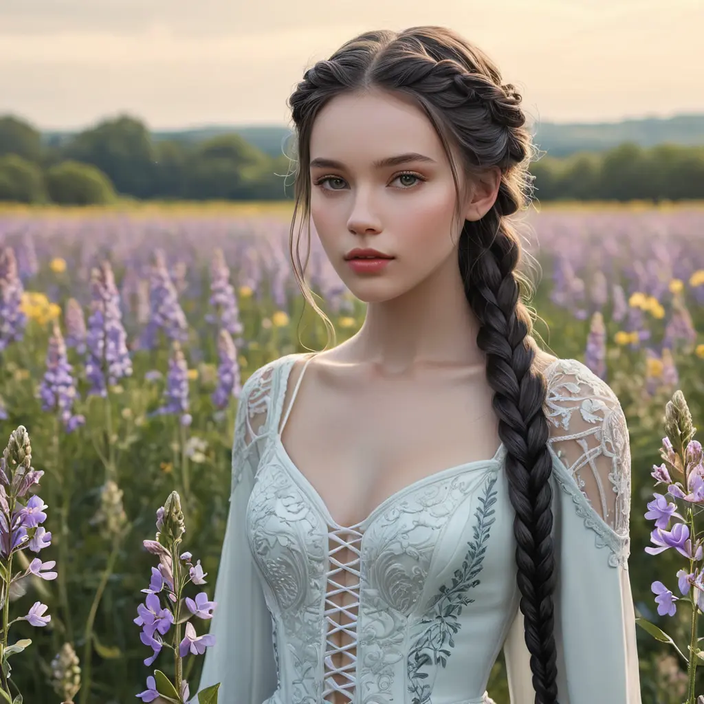 an ethereal beauty with porcelain skin and long, dark braids, standing amidst a field of wildflowers, Highly Detailed, Half Body, Gorgeous, Stunning, Elegant by Stanley Artgerm Lau