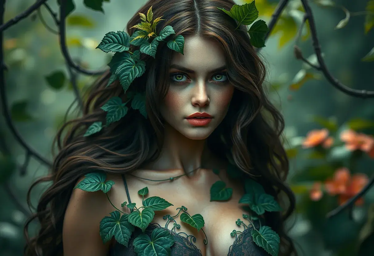 Alluring matte portrait of Poison Ivy in the style of Stefan Kostic, 8k, Highly Detailed, Intricate, Half Body, Matte Painting, Realistic, Sharp Focus, Fantasy by Greg Rutkowski