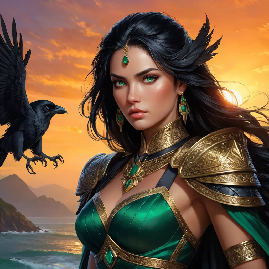 A strong and regal warrior queen with piercing emerald eyes and raven-black hair, set against a fiery sunset, Highly Detailed, Half Body, Gorgeous, Stunning, Elegant by Stanley Artgerm Lau