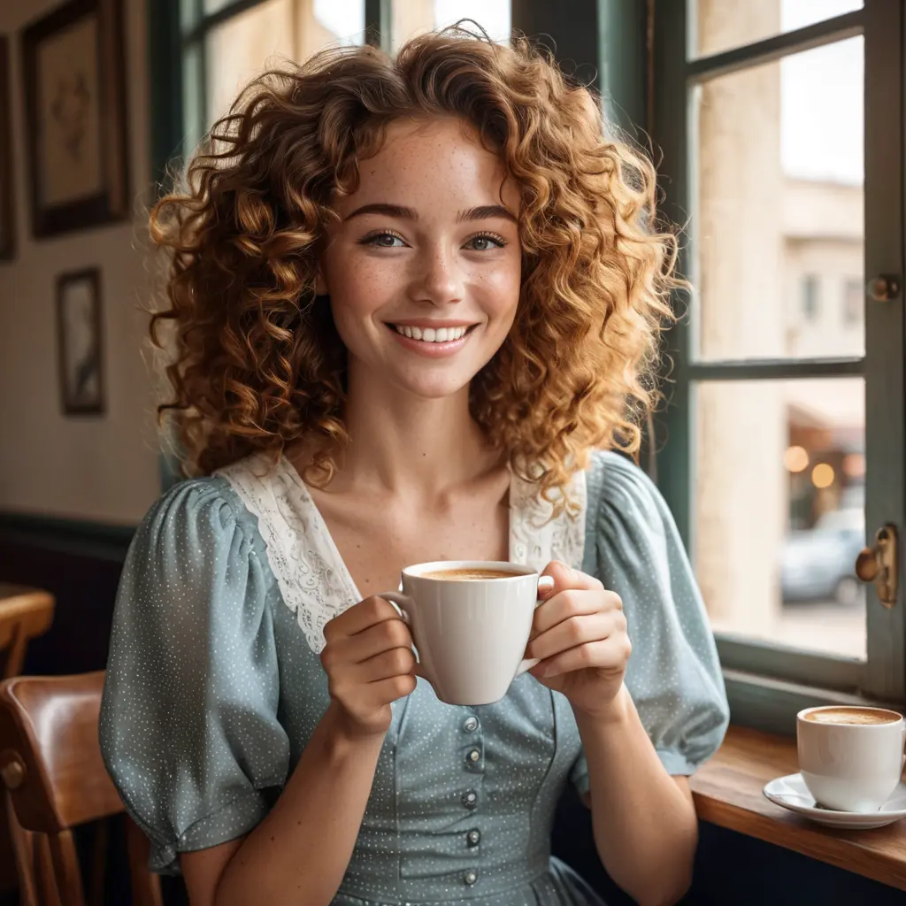 A beautiful woman with freckles and curly hair sitting in a cozy café, her eyes sparkling with laughter, adorned in a cute vintage dress, a steaming cup of coffee in her hands, sunlight streaming through the window., Highly Detailed, Half Body, Gorgeous, Stunning, Elegant by Stanley Artgerm Lau