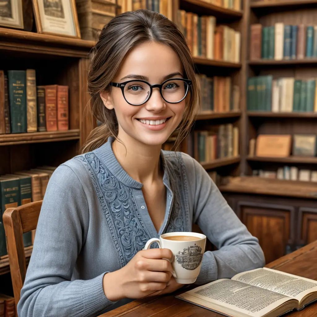 Woman with glasses and a kind smile, holding a cup of coffee while sitting quietly in an antique bookstore, Highly Detailed, Intricate, Half Body, Realistic