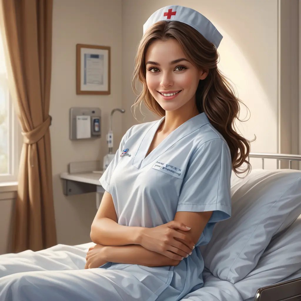 A gentle and compassionate nurse with a kind smile and warm, honey-brown eyes, set against a cozy and intimate hospital room, Highly Detailed, Half Body, Gorgeous, Stunning, Elegant by Stanley Artgerm Lau