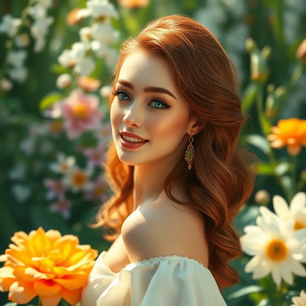 A graceful lady with striking emerald eyes and auburn tresses, elegantly poised in a lush, blooming garden, Highly Detailed, Half Body, Gorgeous, Stunning, Elegant by Stanley Artgerm Lau