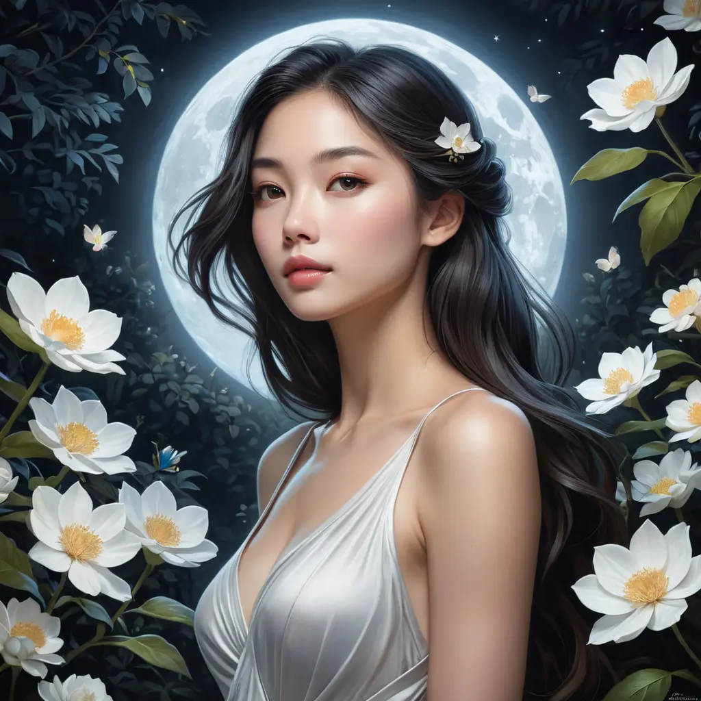 A serene and ethereal woman with delicate, petal-like features, amidst a moonlit garden, Highly Detailed, Half Body, Gorgeous, Stunning, Elegant by Stanley Artgerm Lau