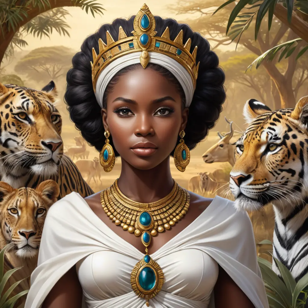 An elegant queen from ancient Africa, surrounded by wildlife in her kingdom, Highly Detailed, Half Body, Gorgeous, Stunning, Elegant by Stanley Artgerm Lau