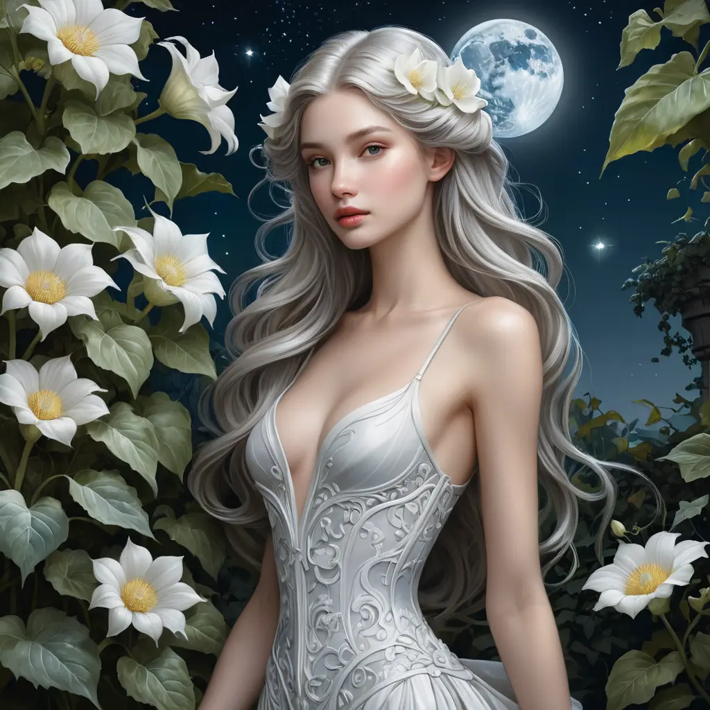 Ethereal beauty with skin as porcelain and hair as night sky, standing amidst an ancient, overgrown garden filled with moonflowers., Highly Detailed, Half Body, Gorgeous, Stunning, Elegant by Stanley Artgerm Lau