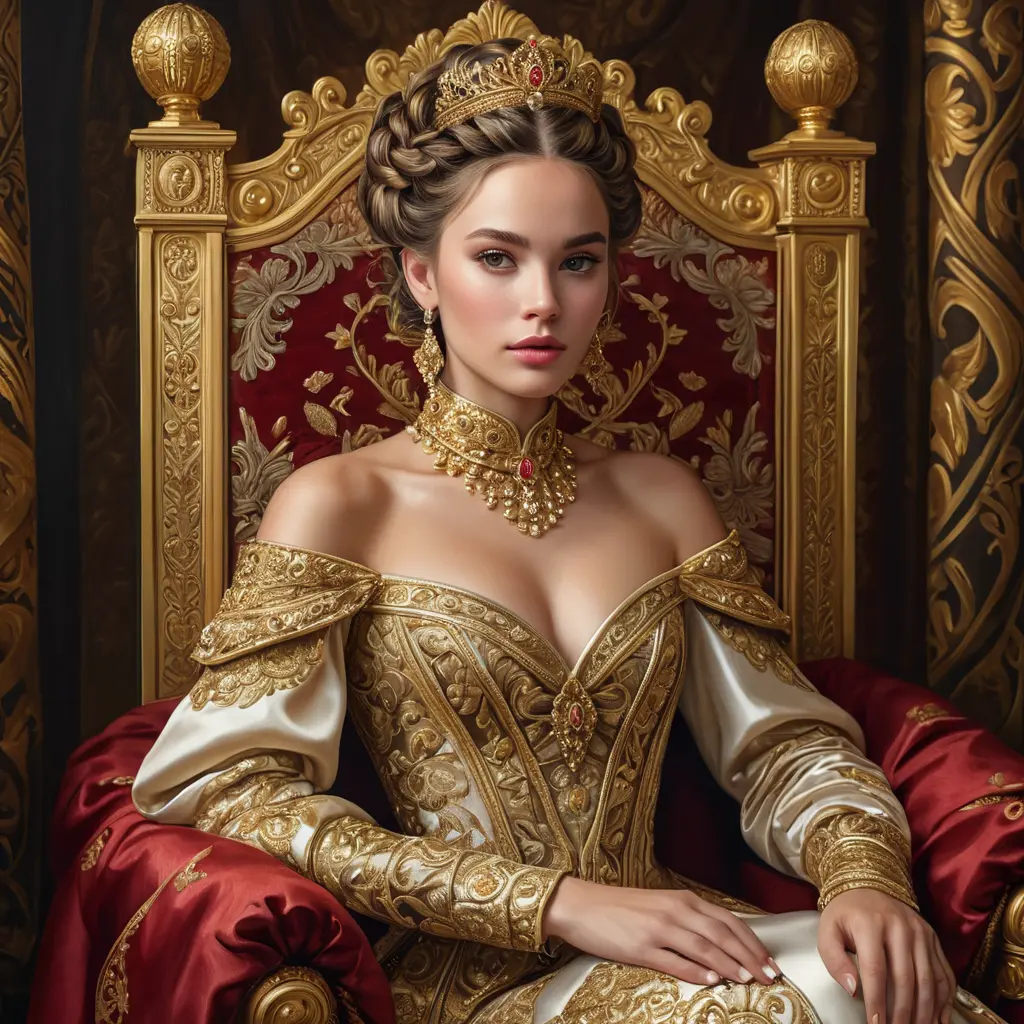 A regal woman with braided updo, wearing an elaborate gown fit for a queen, with gold filigree and rich, deep satin textures, in a grand throne room adorned with tapestries, Highly Detailed, Half Body, Gorgeous, Stunning, Elegant by Stanley Artgerm Lau