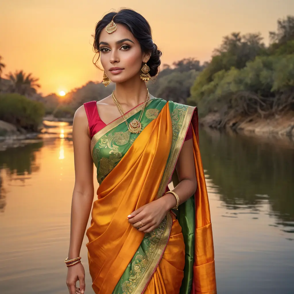 A gorgeous woman with glowing olive skin, wearing a traditional silk sari, standing by a river at sunset, the sky ablaze with colors, the water reflecting the vibrant hues, serene expression, richly detailed, Highly Detailed, Half Body, Gorgeous, Stunning, Elegant by Stanley Artgerm Lau