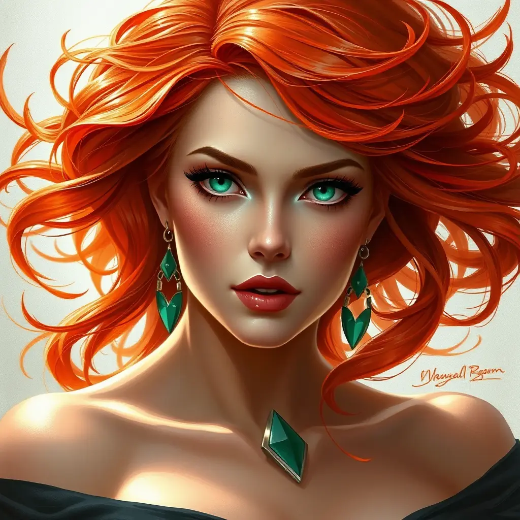 A vibrantly beautiful woman with fiery red hair, emerald green eyes, and a passionate expression, radiating energy and intensity, Highly Detailed, Half Body, Gorgeous, Stunning, Elegant by Stanley Artgerm Lau