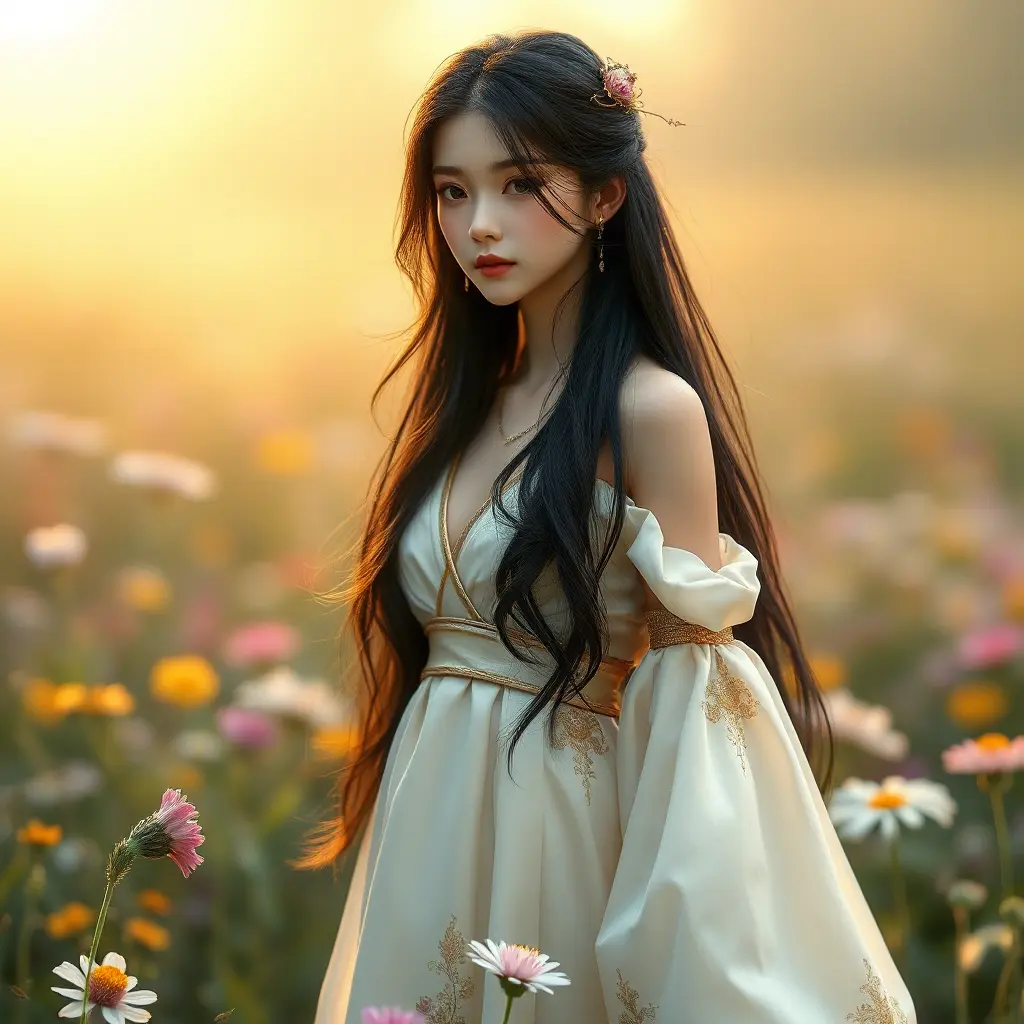 An ethereal beauty with long black hair, dressed in a delicate silk gown adorned with subtle golden accents, standing amidst a field of wildflowers, Highly Detailed, Half Body, Gorgeous, Stunning, Elegant by Stanley Artgerm Lau