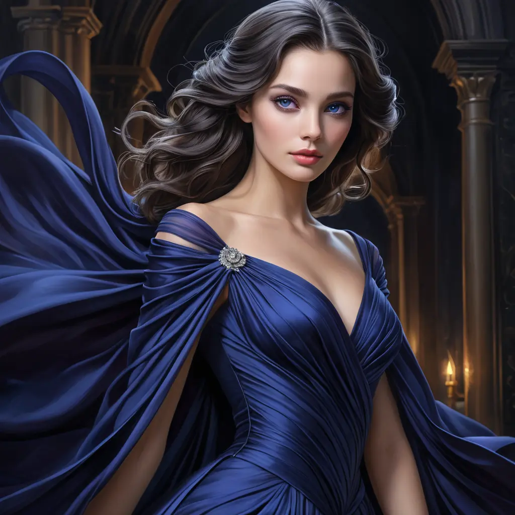 A captivating woman with a mysterious aura and deep violet eyes, draped in a flowing midnight blue gown, Highly Detailed, Half Body, Gorgeous, Stunning, Elegant by Stanley Artgerm Lau